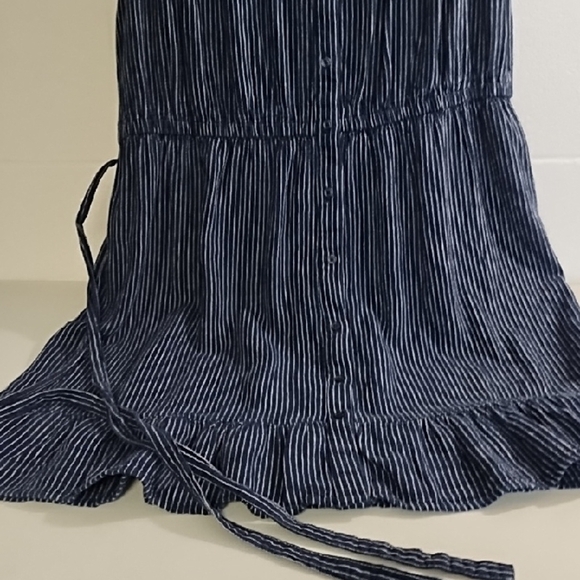 Navy & White Stripe Linen Blend Button Down Shirt Dress Ruffle Hem Knee Length - Picture 13 of 14